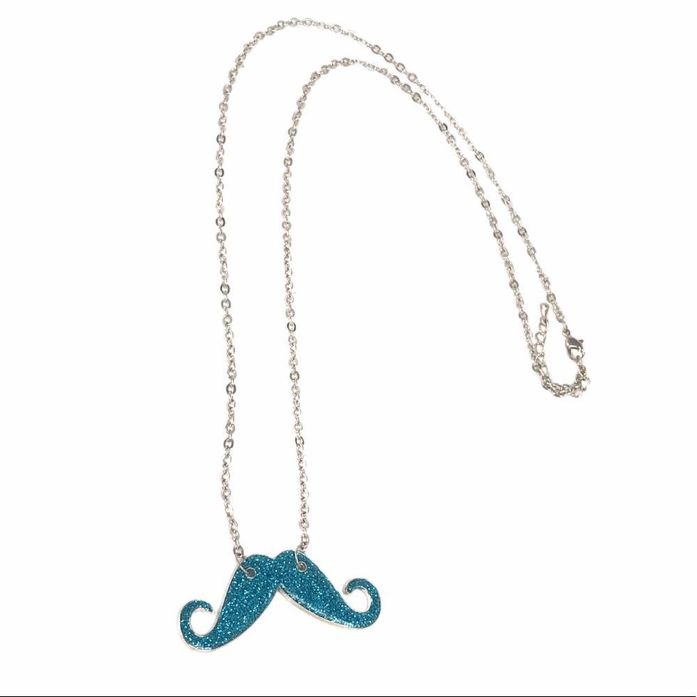 Mustache Necklace Silver Tone Blue Glitter